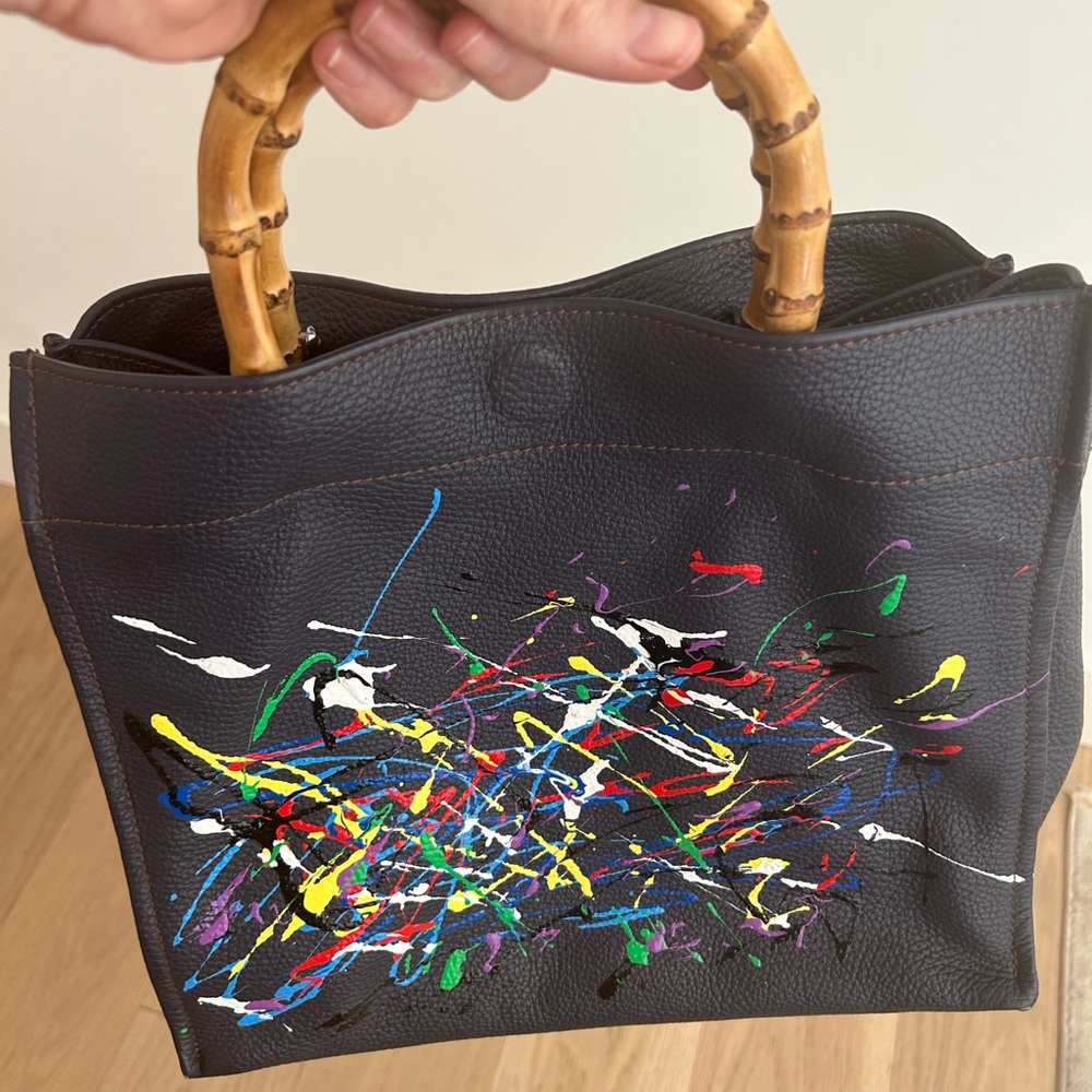 Hand Painted Navy Leather Handbag with Bamboo Handles